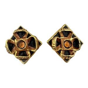 1.75” Vintage Amy Lacombe 1988 Black Gold Whiskey Rhinestone Designer Earrings